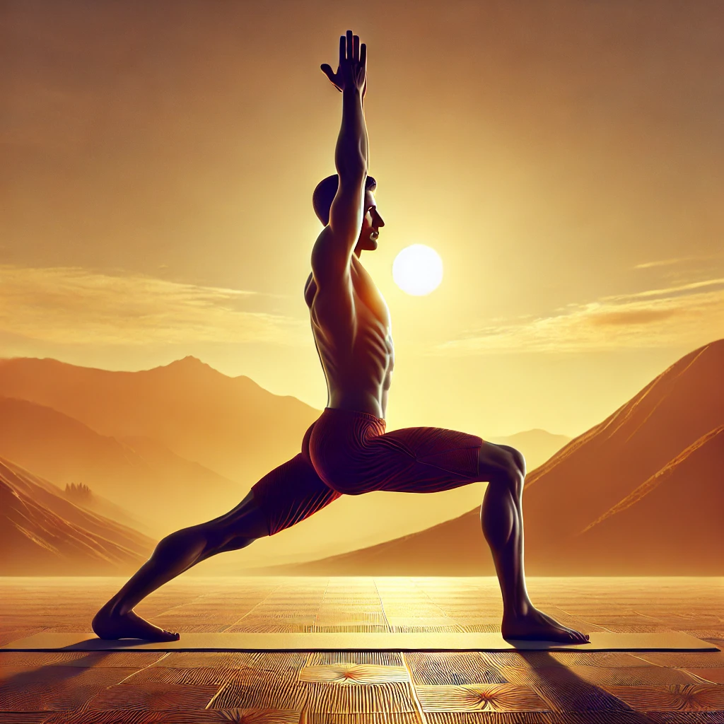 DALL·E 2024-11-19 07.55.32 – A realistic and anatomically accurate illustration of the Warrior Pose A (Virabhadrasana A) from Ashtanga Yoga. The yoga practitioner is depicted with