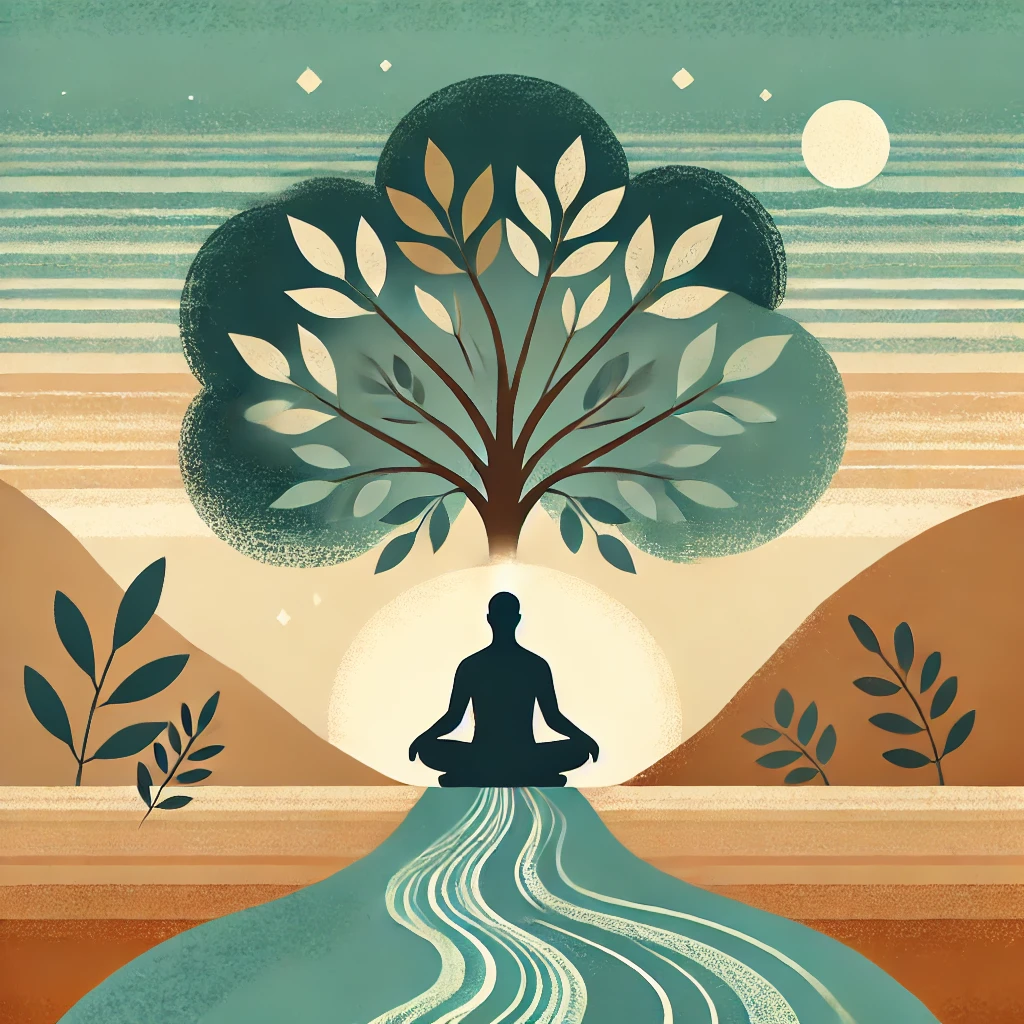 DALL·E 2024-12-07 10.41.59 – A peaceful and reflective scene representing personal growth and transformation. A silhouette of a person sitting cross-legged under a large, calming